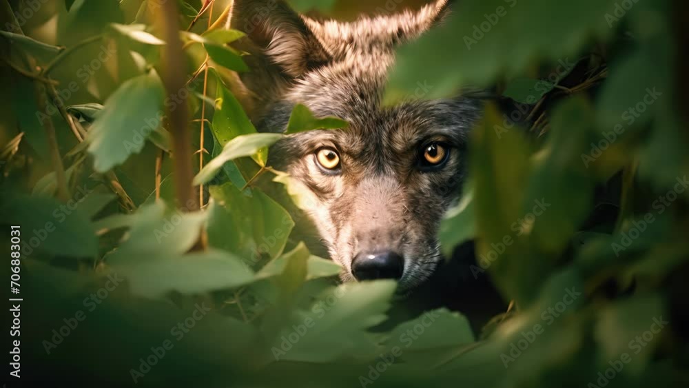 Poster a glimpse of a shy wolf peeking through the leaves, taken by a camera , with the help of an ai algor