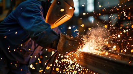 Industrial worker using torch to welding metal in factory, closeup