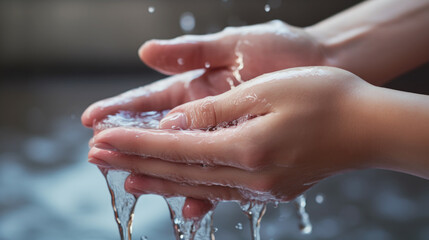 Female hands cupped together holding clear water - obrazy, fototapety, plakaty