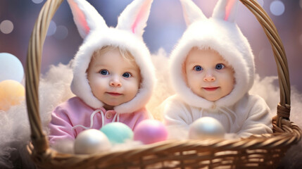 Fototapeta premium Cherubic babies dressed in bunny costumes sitting with colorful Easter eggs in a basket, celebrating springtime.