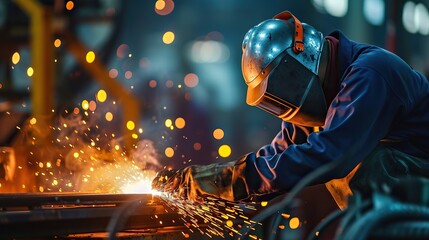 Industrial worker using torch to welding metal in factory, closeup