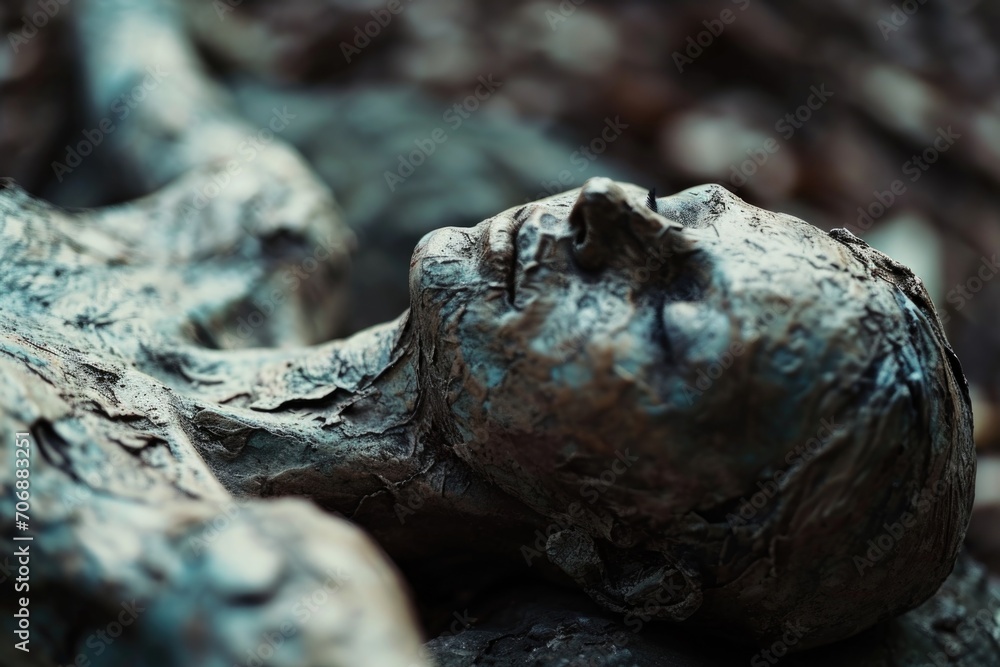 Poster a close-up photograph of a statue depicting the head of a person. this image can be used for various