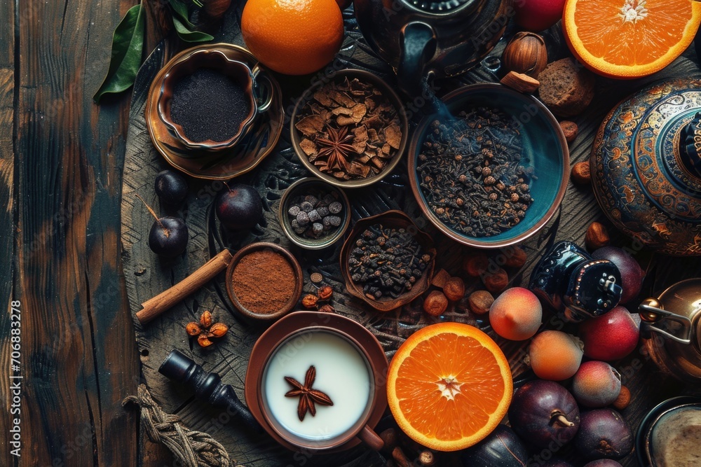Aufkleber A collection of various fruits and spices displayed on a rustic wooden table. Perfect for food-related projects or adding a touch of color and flavor to any design