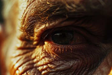 A close-up view of a person's eye with visible wrinkles. This image can be used to depict aging, skincare, or the effects of time on the human body