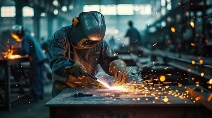 Industrial worker using torch to welding metal in factory, closeup - Powered by Adobe