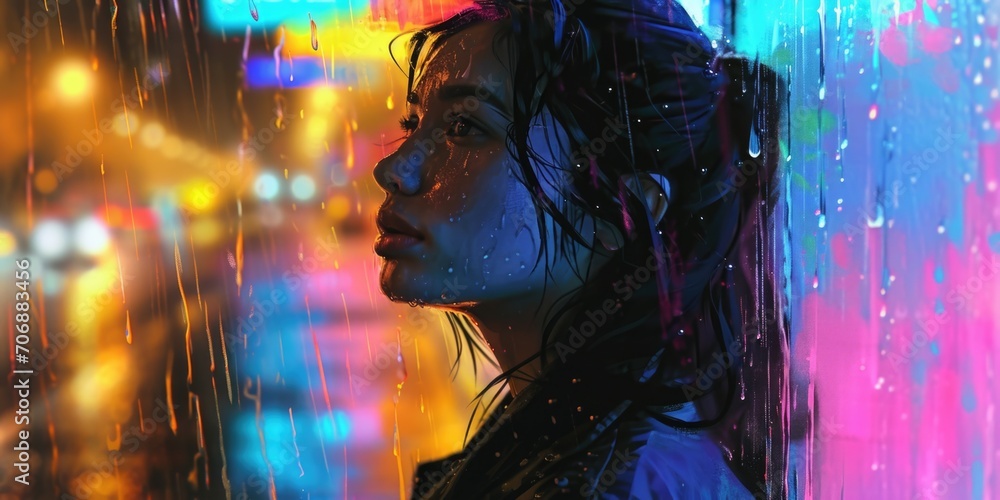 Poster A woman standing in the rain in a city at night. This image can be used to depict a moody urban scene or to convey feelings of solitude and contemplation