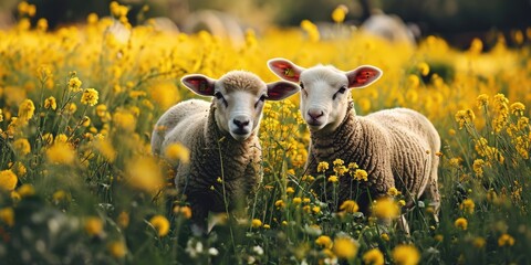 Naklejka premium Two sheep standing in a field of yellow flowers. Perfect for nature and agriculture-themed projects