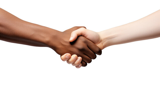 Interracial black and white handshake on white background
