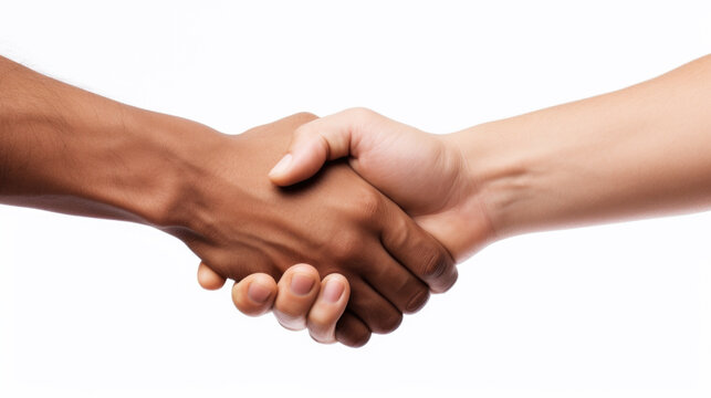 Interracial black and white handshake on white background