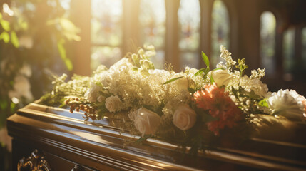 Brown coffin with white flowers in church on the funeral - obrazy, fototapety, plakaty