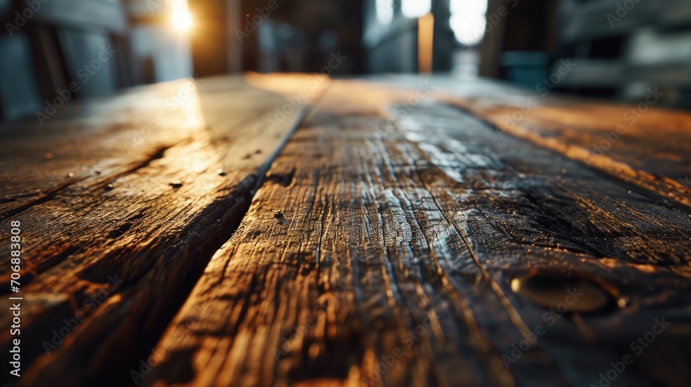 Poster A close-up view of a wooden table with a soft light in the background. Suitable for various uses