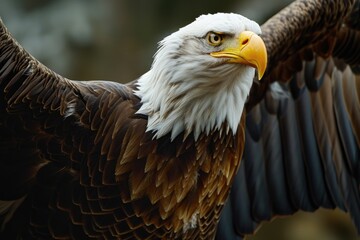Close up of a bald eagle with its wings spread. Perfect for nature enthusiasts and wildlife-themed designs