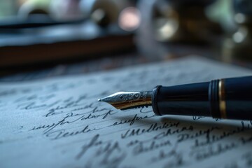 A classic fountain pen rests on top of a piece of paper, ready to write. Perfect for office...