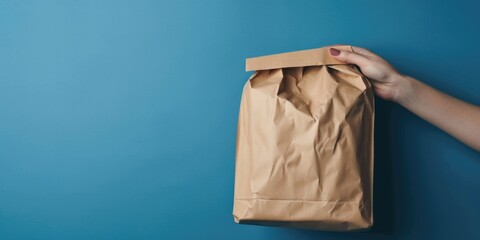 A person is holding a brown paper bag against a vibrant blue wall. This versatile image can be used for various concepts, such as shopping, mystery, surprise, or secrecy