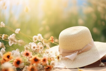 A straw hat lies among summer flowers in a field. The concept evokes a relaxed, sunny day outdoors.