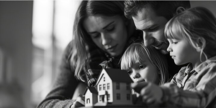 A woman and two children are seen looking at a model house. This image can be used to depict family, real estate, home buying, or housing concepts