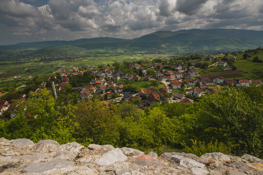 View from sokolacka kula or sokolac fort close to bihac, bosnia on a summer day. Close to Golubac village, south from bihac.