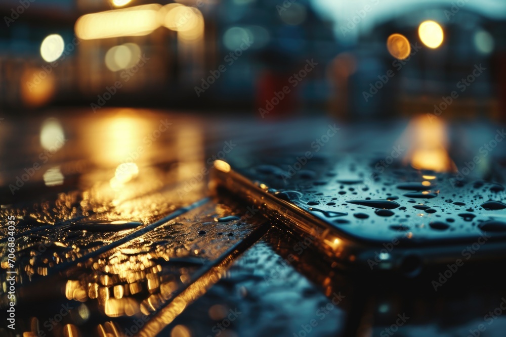Poster A cell phone sitting on top of a wet table. This image can be used to depict a dropped or damaged phone, water damage, or technology in a wet environment