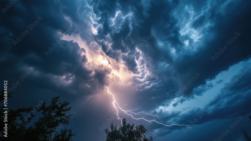 Poster a powerful lightning bolt pierces through the dark and cloudy sky. this dramatic image captures the 
