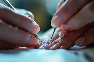 Close up of a person using a nail brush. Perfect for nail care and hygiene concepts - obrazy, fototapety, plakaty