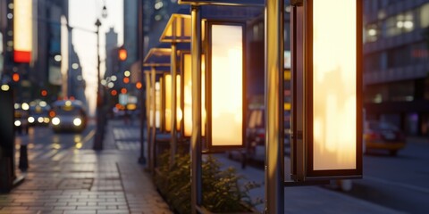 A city street illuminated by a row of street lights. This picture can be used to depict urban landscapes and cityscapes