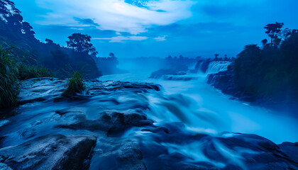 Naklejka premium A serene twilight scene with a waterfall flowing from Inga fall in the democratic republic of Congo through rocks surrounded by trees, AI generated