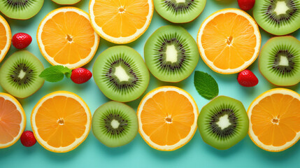 Obraz premium Freshly cut kiwi, orange, and strawberry slices artfully presented on a turquoise background, invoking a refreshing summer vibe.