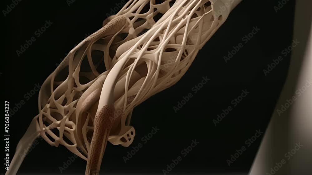 Poster a detailed view of a 4d printed prosthetic limb, highlighting how the material can change and adapt 