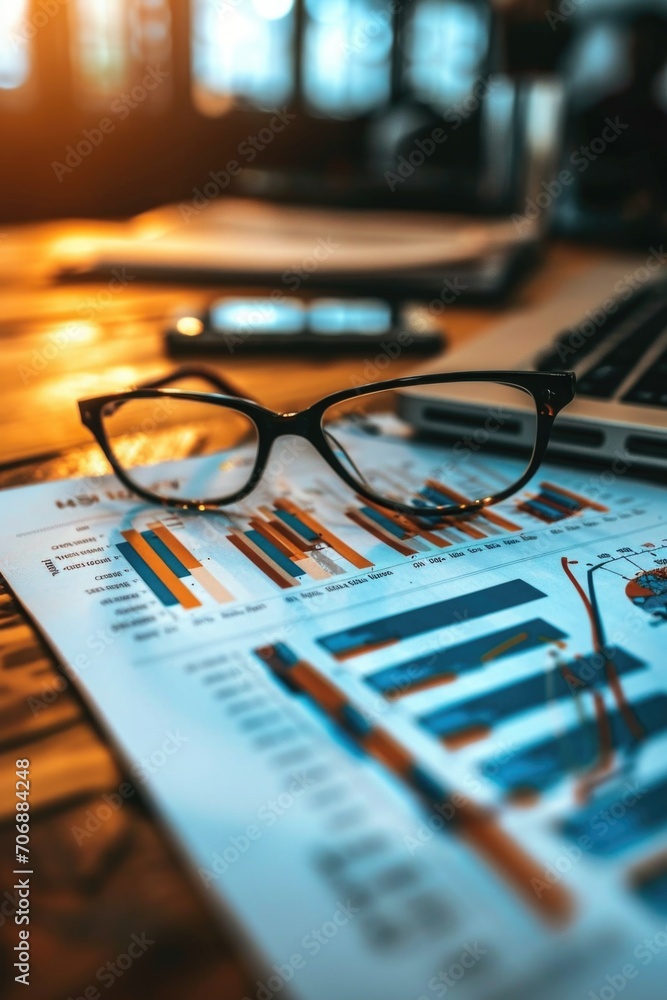 Poster glasses sitting on top of a table next to a laptop. perfect for illustrating work or studying concep