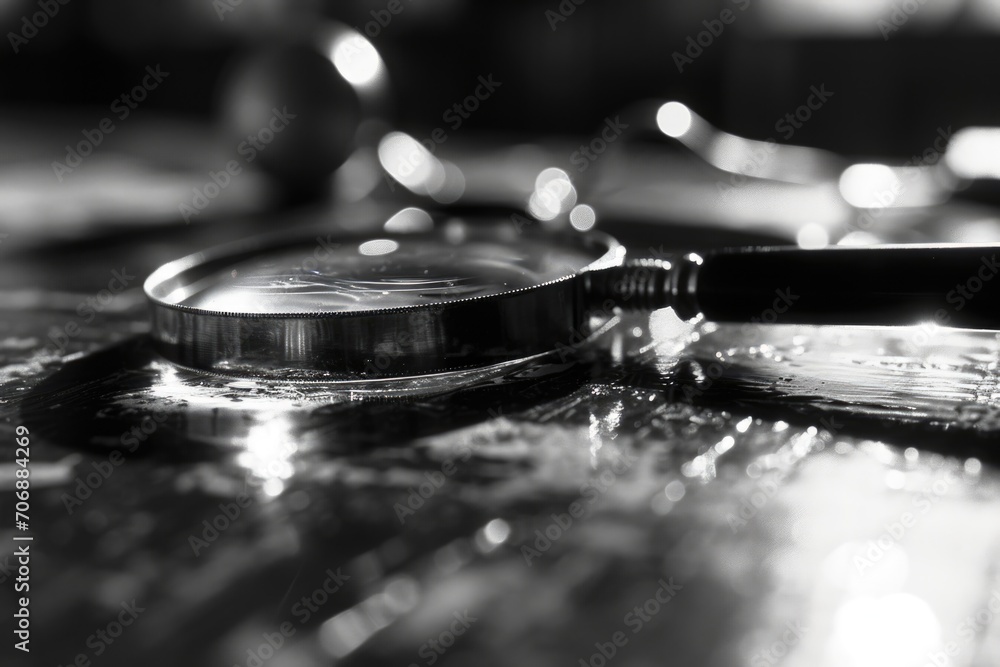 Poster magnifying glass on a table, ideal for use in detective or investigation themes