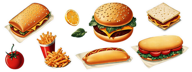Collection of vintage illustrations with effects Halftone cartoon style in 1950's, Illustration of American fast food, Transparent background PNG.