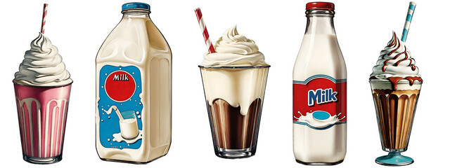 Collection of vintage illustrations with effects Halftone cartoon style in 1950's, Illustration of milk and milk shake. Transparent background PNG.