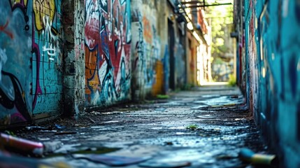 A picture of a narrow alley with colorful graffiti adorning the walls. This image can be used to depict urban art, street culture, or the vibrant atmosphere of city neighborhoods