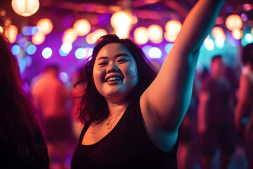 portrait of confident overweight happy dancing Asian woman in crowded nightclub embodying body positivity, selective focus shot with neon lights - obrazy, fototapety, plakaty