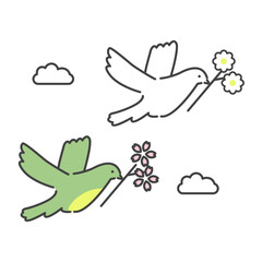 花をくわえて空を飛ぶ鳥たち