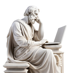 Classic marble sculpture of a man, philosopher, working on laptop, against isolated white background. A fusion of ancient art and modern technology. Business communication concept.