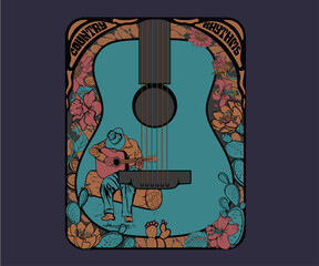 cowboy playing guitar vector illustration, country music festival retro vintage artwork for t shirt, sticker, poster, graphic print, western desert music design