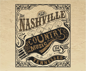 Nashville vintage music poster design, western vintage music typography with guitar for t shirt, sticker, poster, graphic print, vintage floral frame  - obrazy, fototapety, plakaty