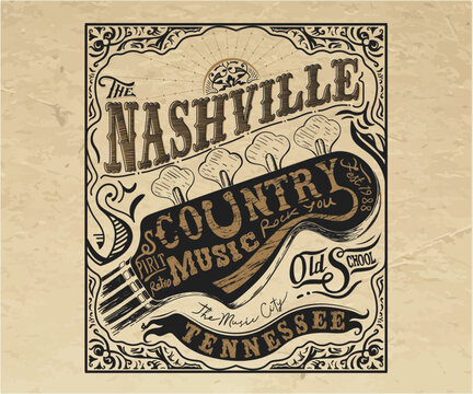 Nashville vintage music poster design, western vintage music typography with guitar for t shirt, sticker, poster, graphic print, vintage floral frame 