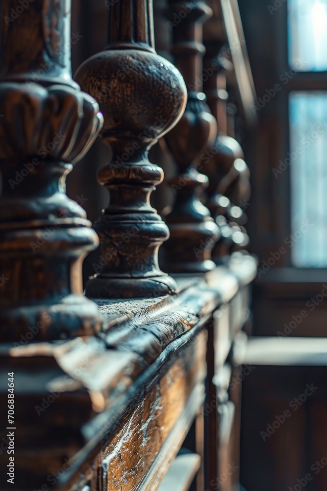 Poster a detailed close-up of a railing in a building. perfect for architectural projects and interior desi