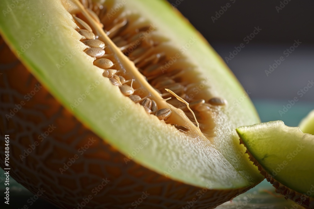 Poster A close-up view of a sliced melon on a cutting board. This image can be used to showcase fresh and healthy food options