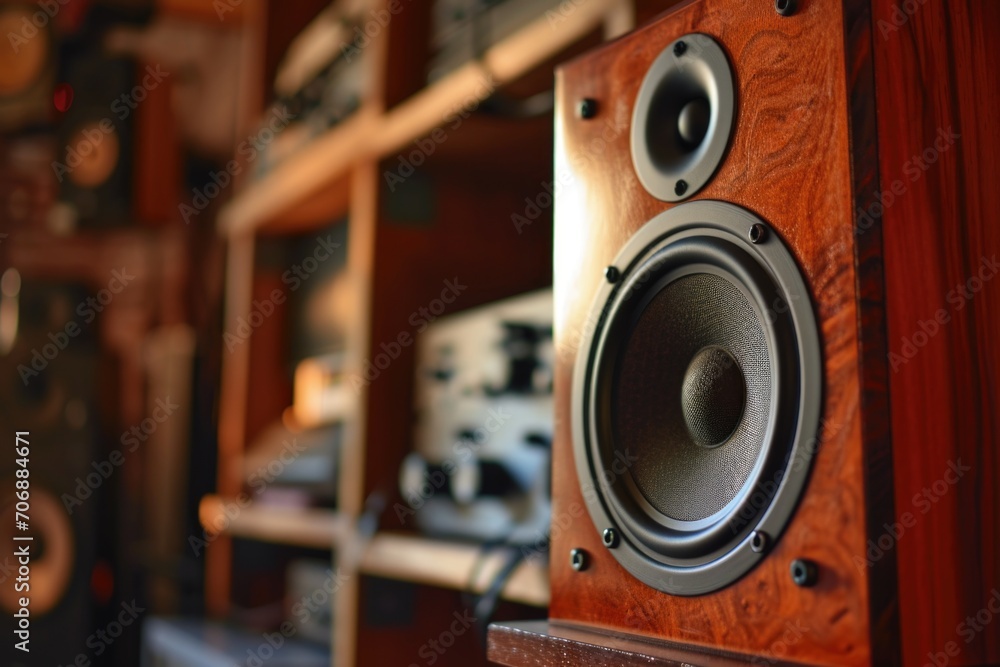 Poster A detailed view of a speaker placed on a shelf. Ideal for illustrating home audio systems or interior design concepts
