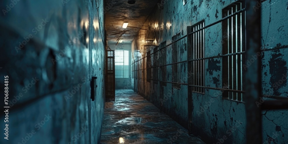 Poster a picture of a long hallway with a jail cell in the middle. perfect for illustrating concepts of con
