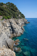 Fototapeta na wymiar coast in Liguria Portofino Italy south europe waves of the sea on cliff