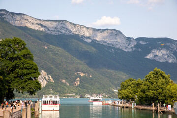 Panoramic summer view of Lake Annecy France Alps