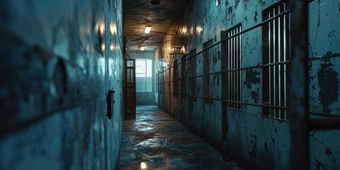 A picture of a long hallway with a jail cell in the middle. Perfect for illustrating concepts of confinement, imprisonment, or justice system - obrazy, fototapety, plakaty