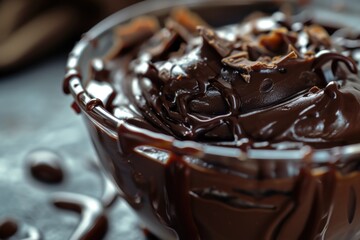 A delicious chocolate dessert served in a glass bowl on a table. Perfect for showcasing delectable desserts in food blogs, recipe websites, or restaurant menus