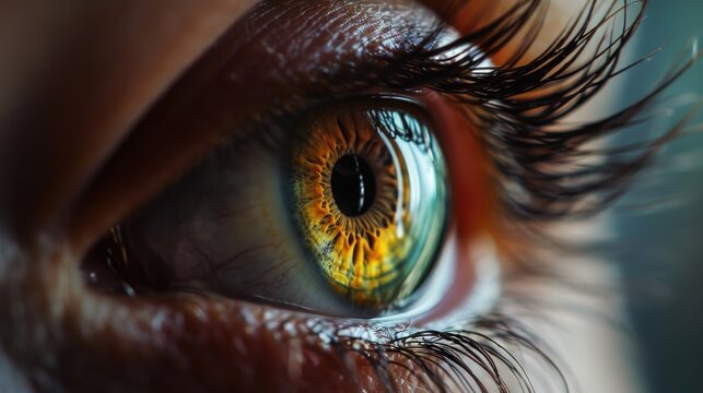 A detailed close-up of a person's eye with beautifully long eyelashes. This image can be used in various contexts, such as beauty, makeup, fashion, or eye care