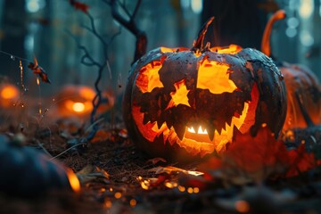 A carved pumpkin sitting in the middle of a forest. Perfect for Halloween decorations or spooky-themed designs