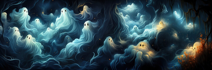 Fototapeta na wymiar Pattern with ghosts on a dark background.